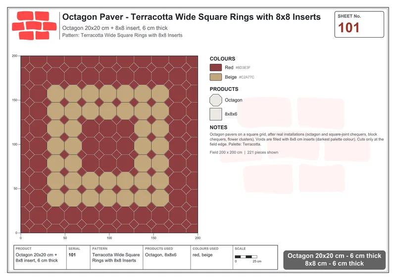 Interlock (Pasco) 20x20 cm · OCT-101 · Terracotta Wide Square Rings with 8x8 Inserts · Laying plan