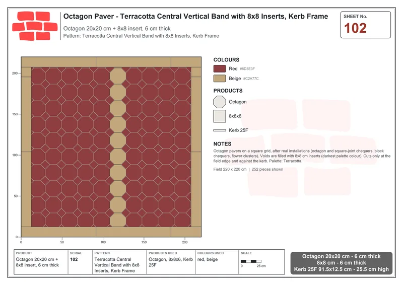 Interlock (Pasco) 20x20 cm · OCT-102 · Terracotta Central Vertical Band with 8x8 Inserts, Kerb Frame · Laying plan