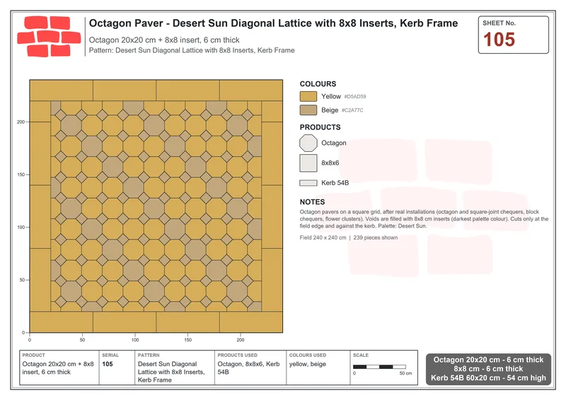 Interlock (Pasco) 20x20 cm · OCT-105 · Desert Sun Diagonal Lattice with 8x8 Inserts, Kerb Frame · Laying plan