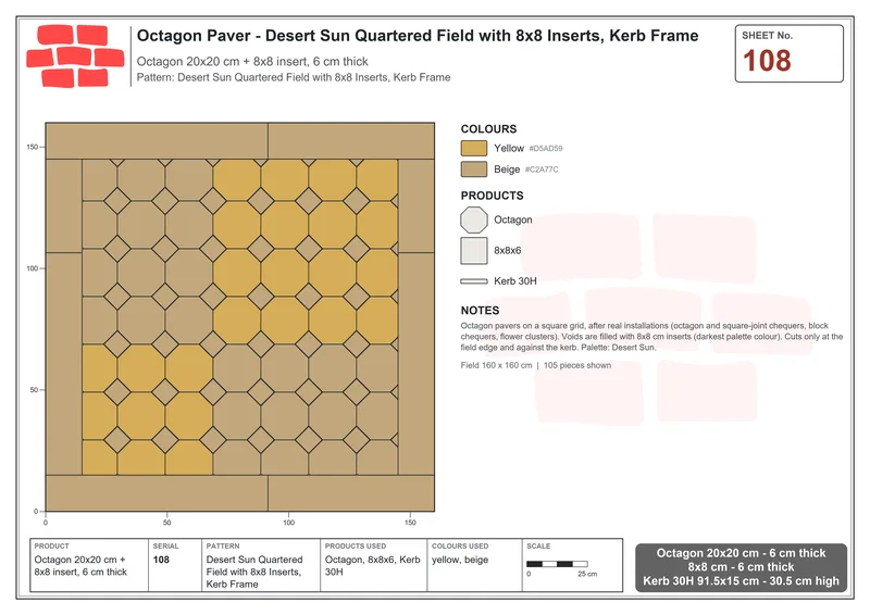 Interlock (Pasco) 20x20 cm · OCT-108 · Desert Sun Quartered Field with 8x8 Inserts, Kerb Frame · Laying plan