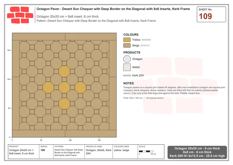 Interlock (Pasco) 20x20 cm · OCT-109 · Desert Sun Chequer with Deep Border on the Diagonal with 8x8 Inserts, Kerb Frame · Laying plan