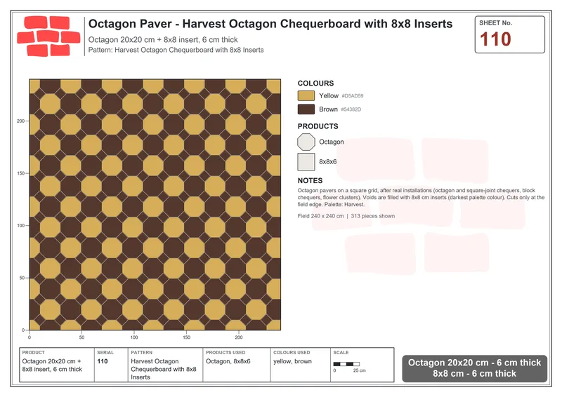Interlock (Pasco) 20x20 cm · OCT-110 · Harvest Octagon Chequerboard with 8x8 Inserts · Laying plan