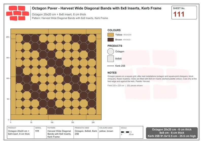 Interlock (Pasco) 20x20 cm · OCT-111 · Harvest Wide Diagonal Bands with 8x8 Inserts, Kerb Frame · Laying plan