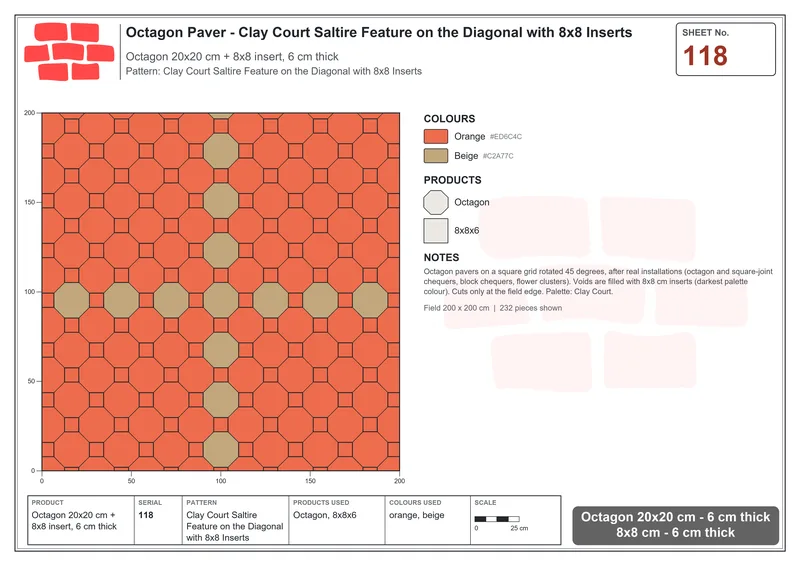 Interlock (Pasco) 20x20 cm · OCT-118 · Clay Court Saltire Feature on the Diagonal with 8x8 Inserts · Laying plan