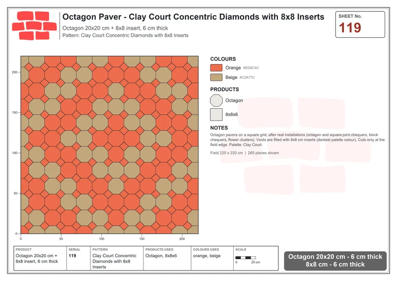 Interlock (Pasco) 20x20 cm · OCT-119 · Clay Court Concentric Diamonds with 8x8 Inserts · Laying plan