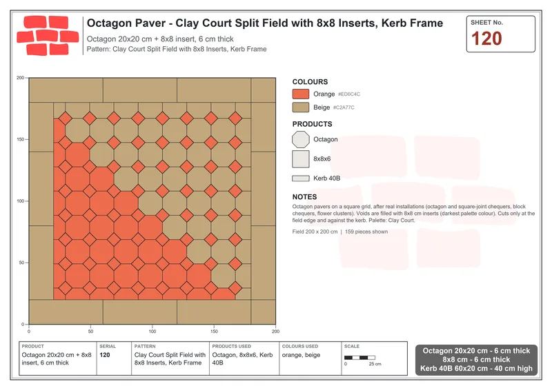 Interlock (Pasco) 20x20 cm · OCT-120 · Clay Court Split Field with 8x8 Inserts, Kerb Frame · Laying plan