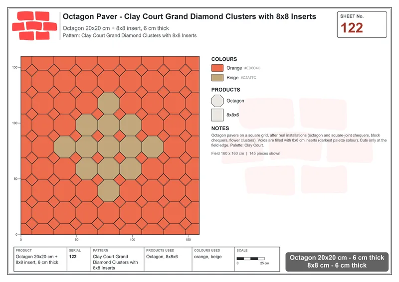 Interlock (Pasco) 20x20 cm · OCT-122 · Clay Court Grand Diamond Clusters with 8x8 Inserts · Laying plan