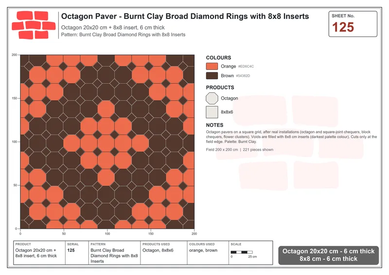 Interlock (Pasco) 20x20 cm · OCT-125 · Burnt Clay Broad Diamond Rings with 8x8 Inserts · Laying plan