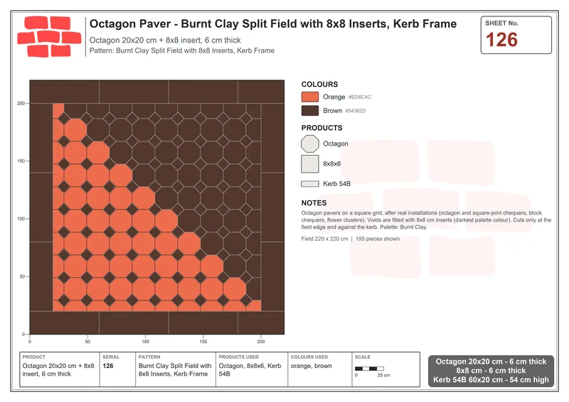 Interlock (Pasco) 20x20 cm · OCT-126 · Burnt Clay Split Field with 8x8 Inserts, Kerb Frame · Laying plan