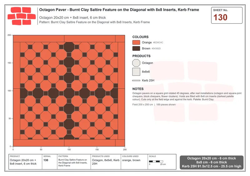 Interlock (Pasco) 20x20 cm · OCT-130 · Burnt Clay Saltire Feature on the Diagonal with 8x8 Inserts, Kerb Frame · Laying plan
