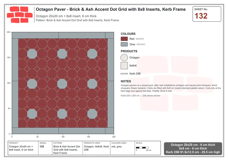Interlock (Pasco) 20x20 cm · OCT-132 · Brick & Ash Accent Dot Grid with 8x8 Inserts, Kerb Frame · Laying plan