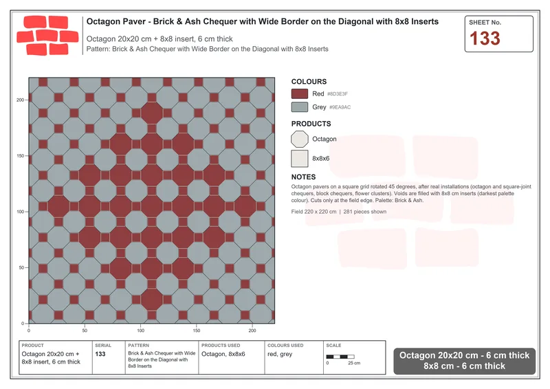 Interlock (Pasco) 20x20 cm · OCT-133 · Brick & Ash Chequer with Wide Border on the Diagonal with 8x8 Inserts · Laying plan