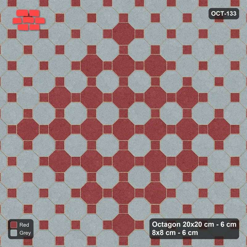 Interlock (Pasco) 20x20 cm · OCT-133 · Brick & Ash Chequer with Wide Border on the Diagonal with 8x8 Inserts · Top view Interlock (Pasco) 20x20 cm · OCT-133 · Brick & Ash Chequer with Wide Border on the Diagonal with 8x8 Inserts · Top view