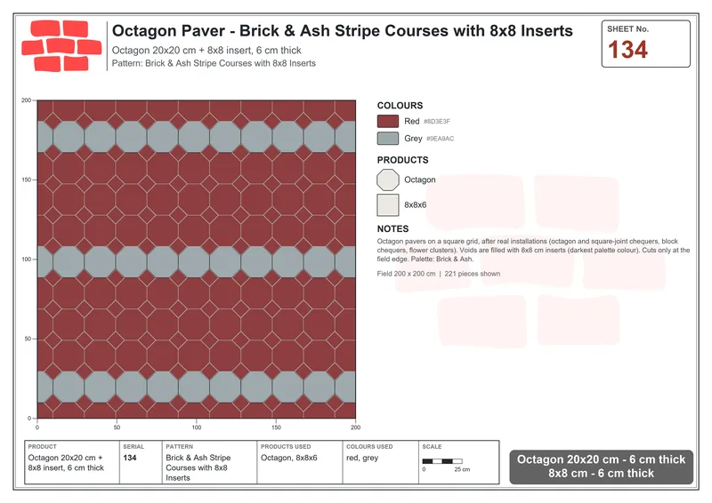 Interlock (Pasco) 20x20 cm · OCT-134 · Brick & Ash Stripe Courses with 8x8 Inserts · Laying plan