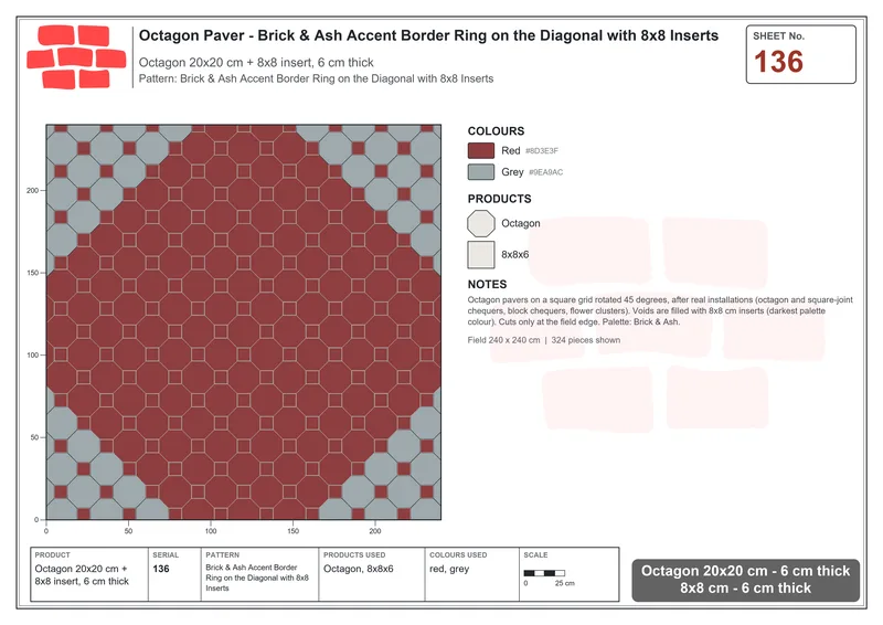 Interlock (Pasco) 20x20 cm · OCT-136 · Brick & Ash Accent Border Ring on the Diagonal with 8x8 Inserts · Laying plan