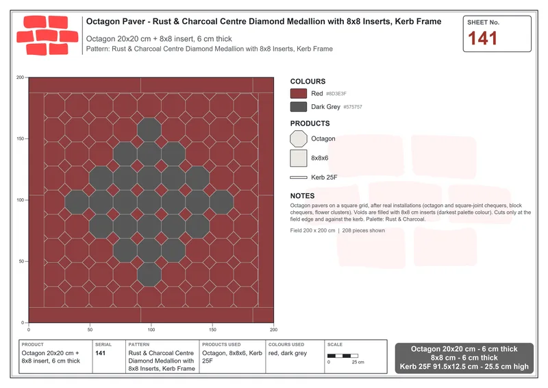 Interlock (Pasco) 20x20 cm · OCT-141 · Rust & Charcoal Centre Diamond Medallion with 8x8 Inserts, Kerb Frame · Laying plan