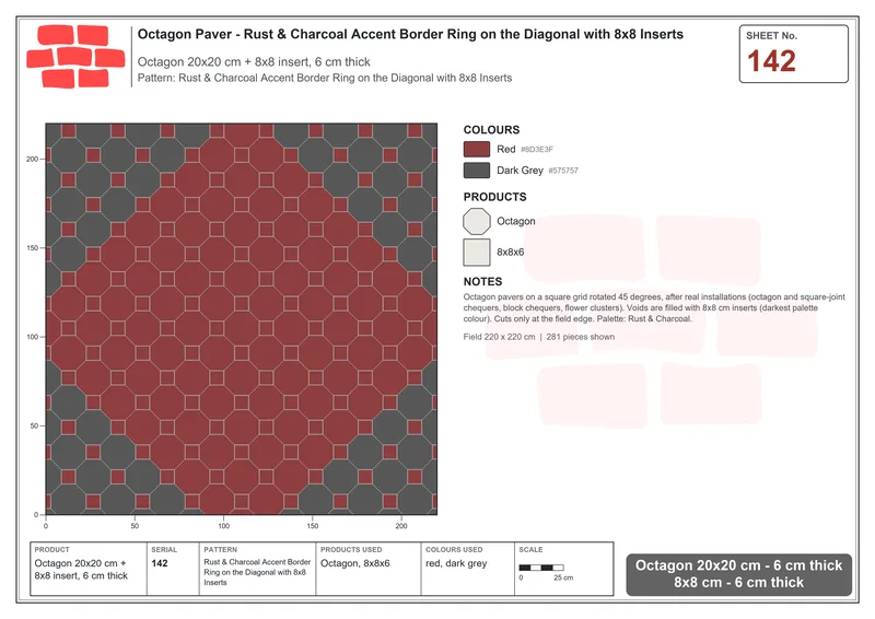 Interlock (Pasco) 20x20 cm · OCT-142 · Rust & Charcoal Accent Border Ring on the Diagonal with 8x8 Inserts · Laying plan