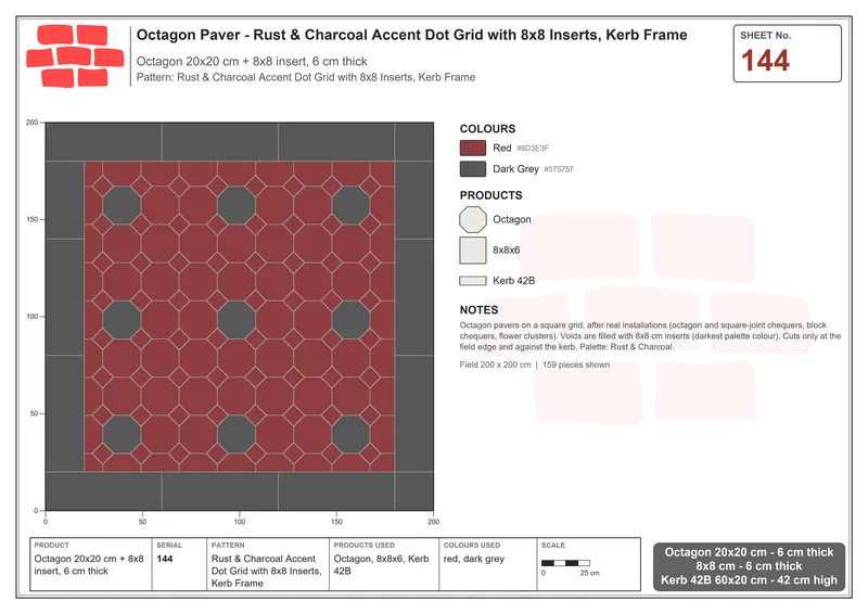 Interlock (Pasco) 20x20 cm · OCT-144 · Rust & Charcoal Accent Dot Grid with 8x8 Inserts, Kerb Frame · Laying plan