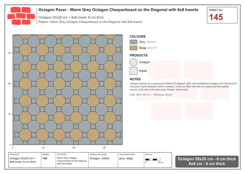 Interlock (Pasco) 20x20 cm · OCT-145 · Warm Grey Octagon Chequerboard on the Diagonal with 8x8 Inserts · Laying plan