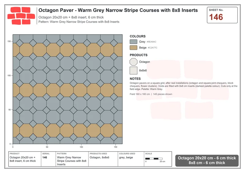Interlock (Pasco) 20x20 cm · OCT-146 · Warm Grey Narrow Stripe Courses with 8x8 Inserts · Laying plan