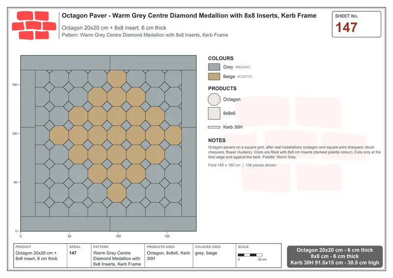 Interlock (Pasco) 20x20 cm · OCT-147 · Warm Grey Centre Diamond Medallion with 8x8 Inserts, Kerb Frame · Laying plan