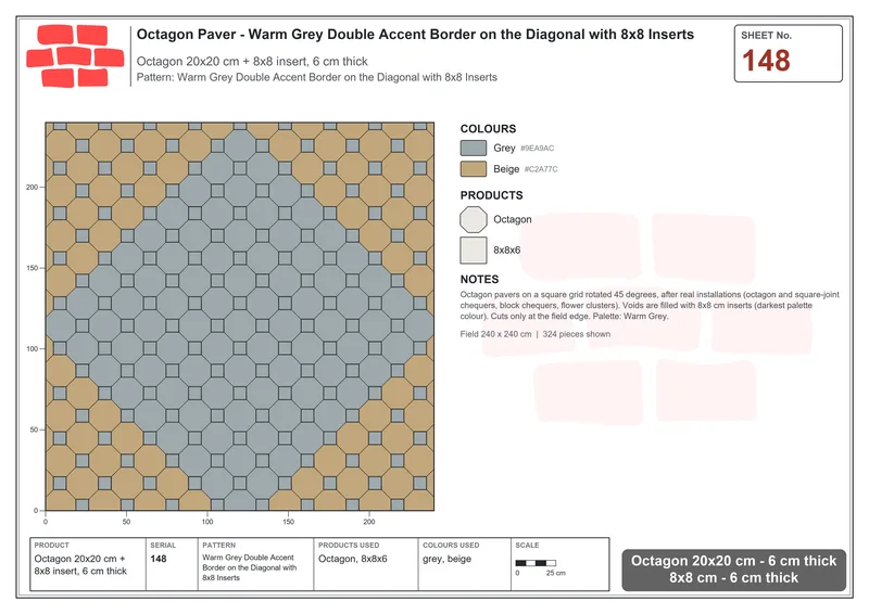 Interlock (Pasco) 20x20 cm · OCT-148 · Warm Grey Double Accent Border on the Diagonal with 8x8 Inserts · Laying plan