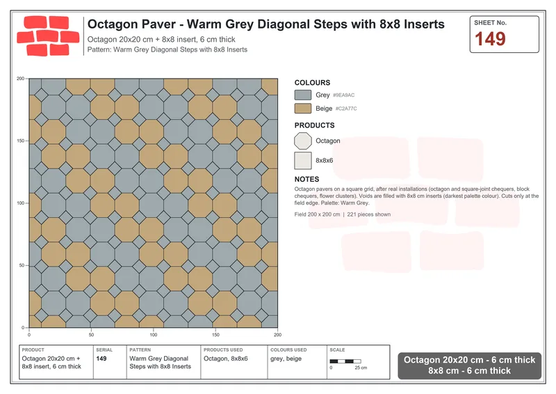 Interlock (Pasco) 20x20 cm · OCT-149 · Warm Grey Diagonal Steps with 8x8 Inserts · Laying plan