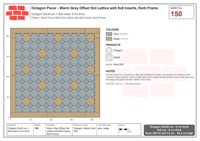 Interlock (Pasco) 20x20 cm · OCT-150 · Warm Grey Offset Dot Lattice with 8x8 Inserts, Kerb Frame · Laying plan
