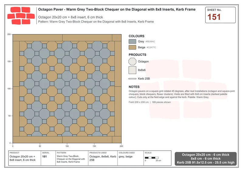 Interlock (Pasco) 20x20 cm · OCT-151 · Warm Grey Two-Block Chequer on the Diagonal with 8x8 Inserts, Kerb Frame · Laying plan