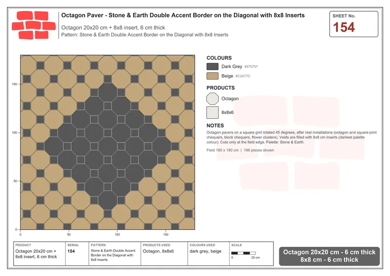 Interlock (Pasco) 20x20 cm · OCT-154 · Stone & Earth Double Accent Border on the Diagonal with 8x8 Inserts · Laying plan