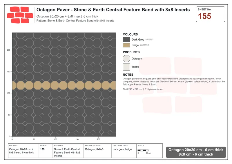 Interlock (Pasco) 20x20 cm · OCT-155 · Stone & Earth Central Feature Band with 8x8 Inserts · Laying plan