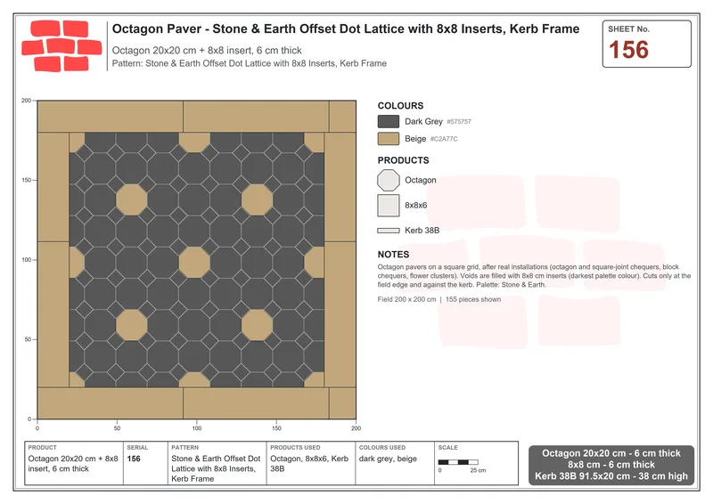 Interlock (Pasco) 20x20 cm · OCT-156 · Stone & Earth Offset Dot Lattice with 8x8 Inserts, Kerb Frame · Laying plan