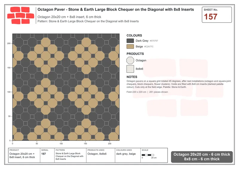 Interlock (Pasco) 20x20 cm · OCT-157 · Stone & Earth Large Block Chequer on the Diagonal with 8x8 Inserts · Laying plan