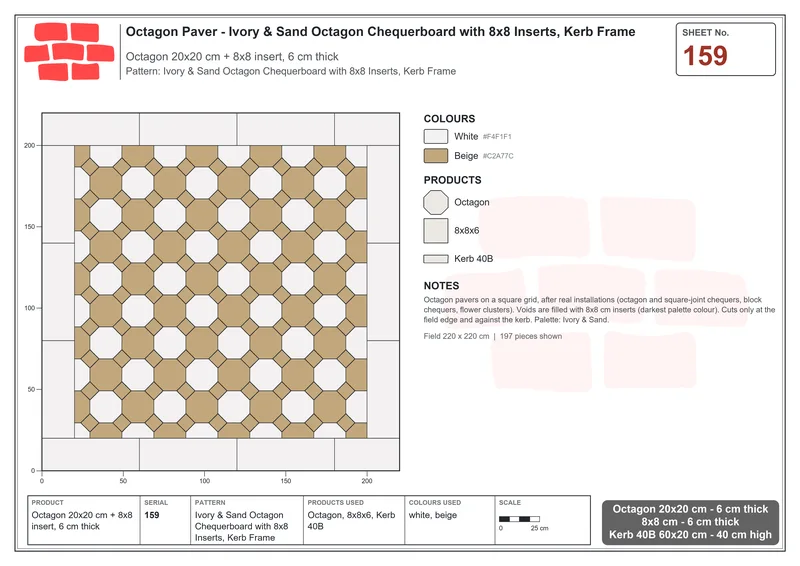 Interlock (Pasco) 20x20 cm · OCT-159 · Ivory & Sand Octagon Chequerboard with 8x8 Inserts, Kerb Frame · Laying plan