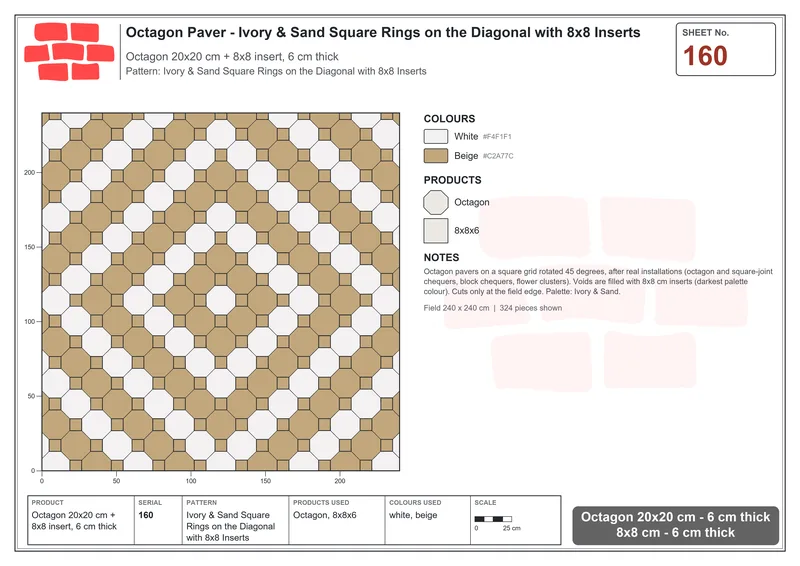 Interlock (Pasco) 20x20 cm · OCT-160 · Ivory & Sand Square Rings on the Diagonal with 8x8 Inserts · Laying plan