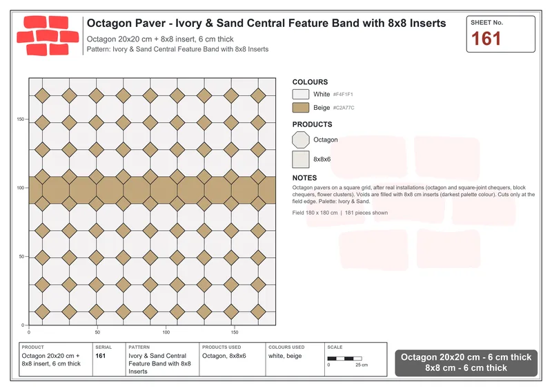 Interlock (Pasco) 20x20 cm · OCT-161 · Ivory & Sand Central Feature Band with 8x8 Inserts · Laying plan