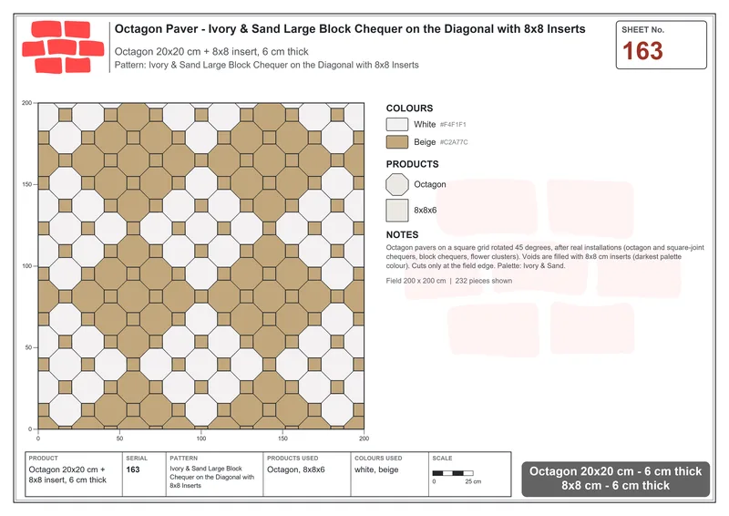 Interlock (Pasco) 20x20 cm · OCT-163 · Ivory & Sand Large Block Chequer on the Diagonal with 8x8 Inserts · Laying plan