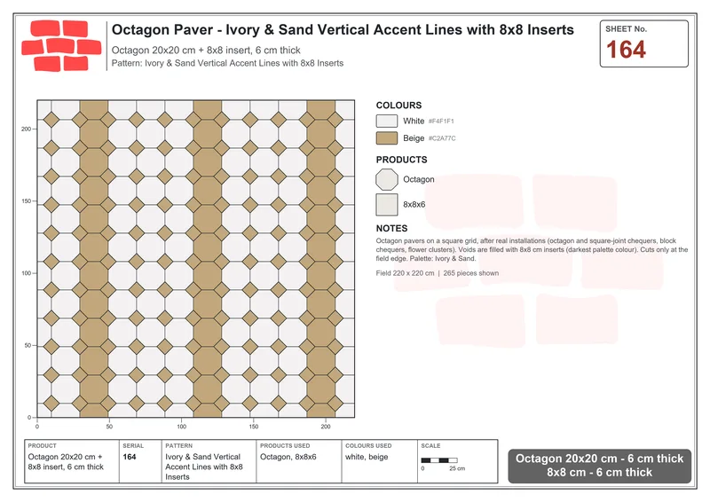 Interlock (Pasco) 20x20 cm · OCT-164 · Ivory & Sand Vertical Accent Lines with 8x8 Inserts · Laying plan