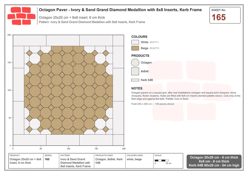 Interlock (Pasco) 20x20 cm · OCT-165 · Ivory & Sand Grand Diamond Medallion with 8x8 Inserts, Kerb Frame · Laying plan