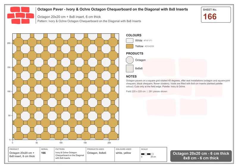 Interlock (Pasco) 20x20 cm · OCT-166 · Ivory & Ochre Octagon Chequerboard on the Diagonal with 8x8 Inserts · Laying plan