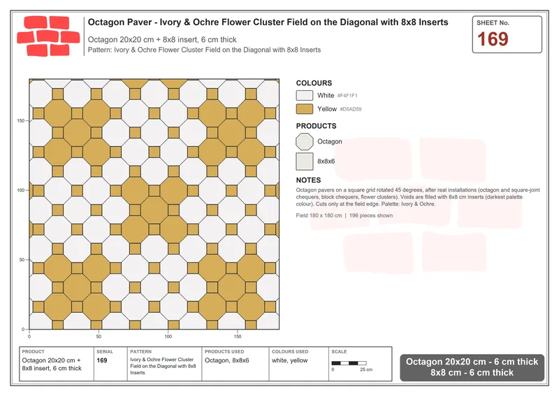 Interlock (Pasco) 20x20 cm · OCT-169 · Ivory & Ochre Flower Cluster Field on the Diagonal with 8x8 Inserts · Laying plan