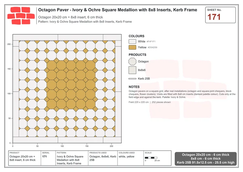 Interlock (Pasco) 20x20 cm · OCT-171 · Ivory & Ochre Square Medallion with 8x8 Inserts, Kerb Frame · Laying plan