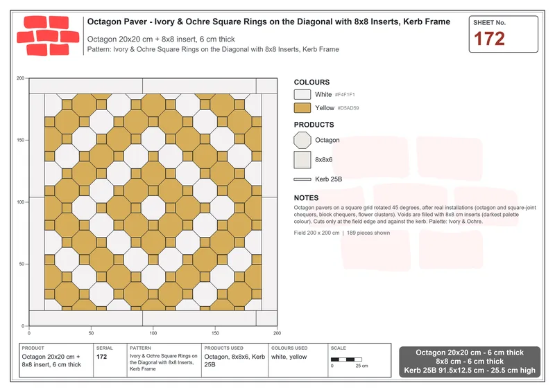 Interlock (Pasco) 20x20 cm · OCT-172 · Ivory & Ochre Square Rings on the Diagonal with 8x8 Inserts, Kerb Frame · Laying plan