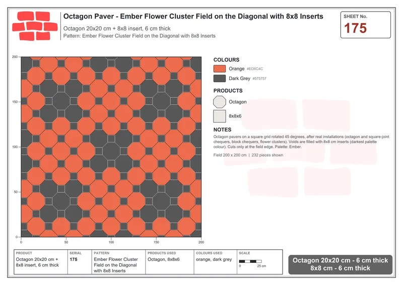 Interlock (Pasco) 20x20 cm · OCT-175 · Ember Flower Cluster Field on the Diagonal with 8x8 Inserts · Laying plan