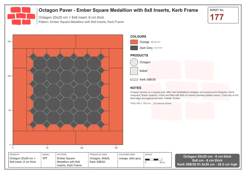 Interlock (Pasco) 20x20 cm · OCT-177 · Ember Square Medallion with 8x8 Inserts, Kerb Frame · Laying plan