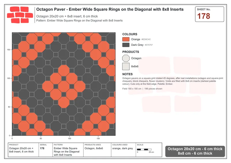 Interlock (Pasco) 20x20 cm · OCT-178 · Ember Wide Square Rings on the Diagonal with 8x8 Inserts · Laying plan