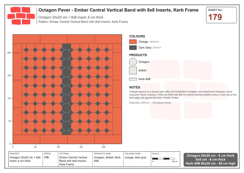 Interlock (Pasco) 20x20 cm · OCT-179 · Ember Central Vertical Band with 8x8 Inserts, Kerb Frame · Laying plan