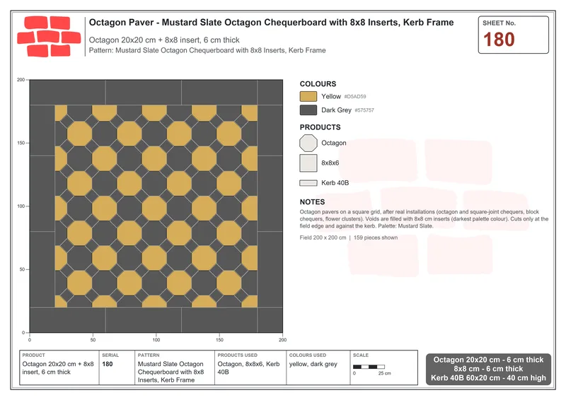 Interlock (Pasco) 20x20 cm · OCT-180 · Mustard Slate Octagon Chequerboard with 8x8 Inserts, Kerb Frame · Laying plan