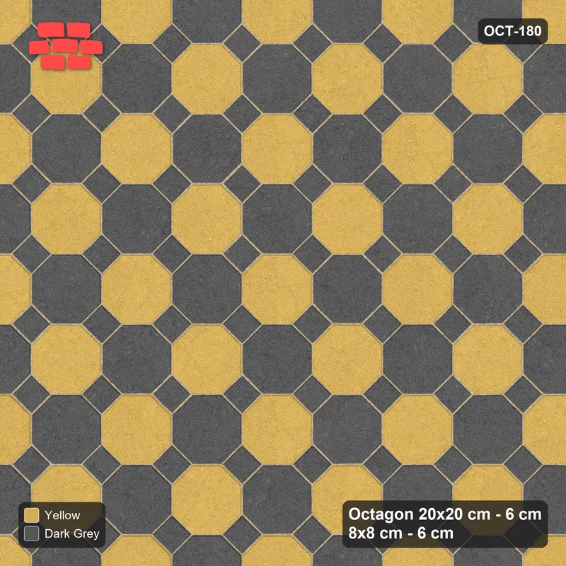 Interlock (Pasco) 20x20 cm · OCT-180 · Mustard Slate Octagon Chequerboard with 8x8 Inserts, Kerb Frame · Top view Interlock (Pasco) 20x20 cm · OCT-180 · Mustard Slate Octagon Chequerboard with 8x8 Inserts, Kerb Frame · Top view