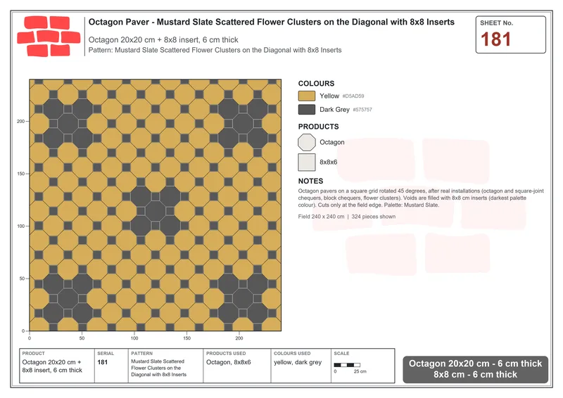 Interlock (Pasco) 20x20 cm · OCT-181 · Mustard Slate Scattered Flower Clusters on the Diagonal with 8x8 Inserts · Laying plan